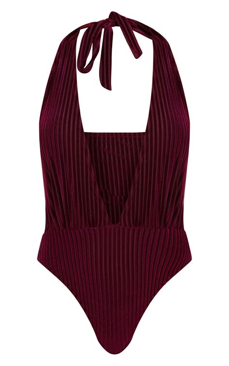 Burgundy Velvet Ribbed Halterneck Thong Bodysuit Prettylittlething Usa