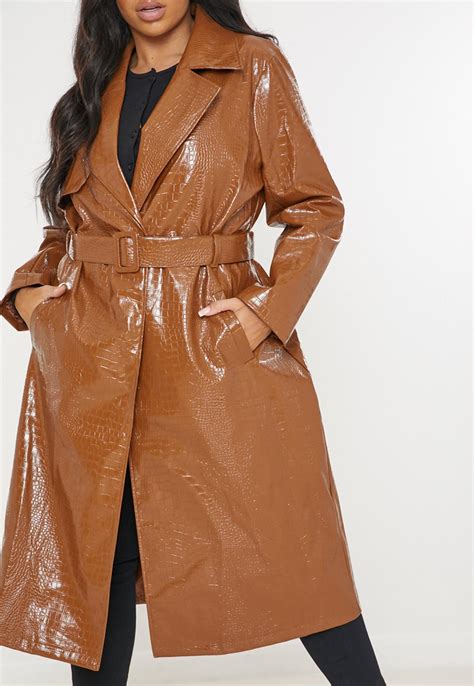 Plus Size Brown Croc Faux Leather Trench Coat Missguided