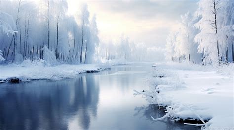 รูปภาพฟรี ภาพประกอบ หิมะ หมอก ป่า ฝั่งแม่น้ำ ภูมิทัศน์ ต้นไม้
