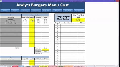 Editable Menu Recipe Cost Spreadsheet Template Restaurant Food Tor Recipe Food Cost Template