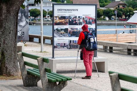 Gmunden Austria August 03 2018 A Woman With Crutches And A