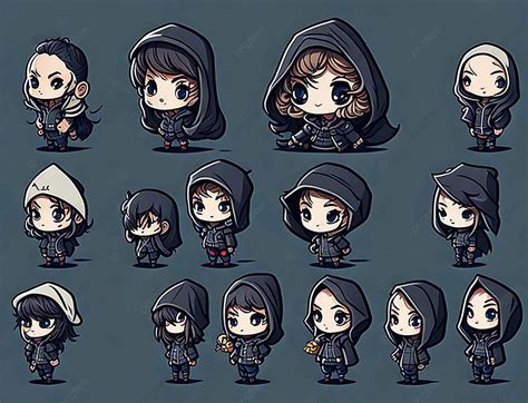 Set Of Chibi Cute Character Wearing Black Hoodie Background Character