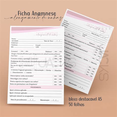 Bloco 50 Folhas Ficha De Anamnese Alongamento De Unhas Manicure