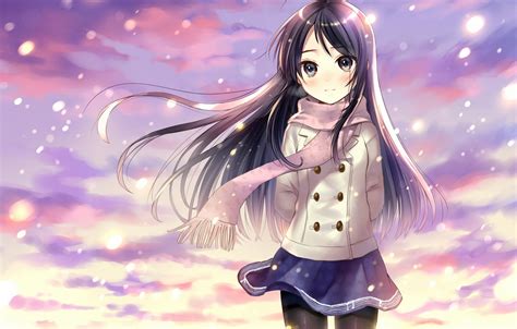 Wallpaper Girl Snow Smile Anime Scarf Art Form Schoolgirl Hanekoto Images For Desktop