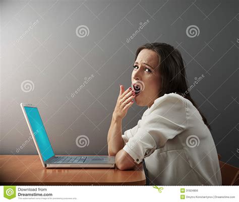 Boring Woman Sitting With Laptop Stock Photo - Image of tired, grey: 31924856