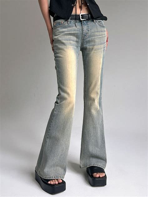 Emmiol Free Shipping 2023 Distressed Ombre Low Waist Flare Jeans Blue L
