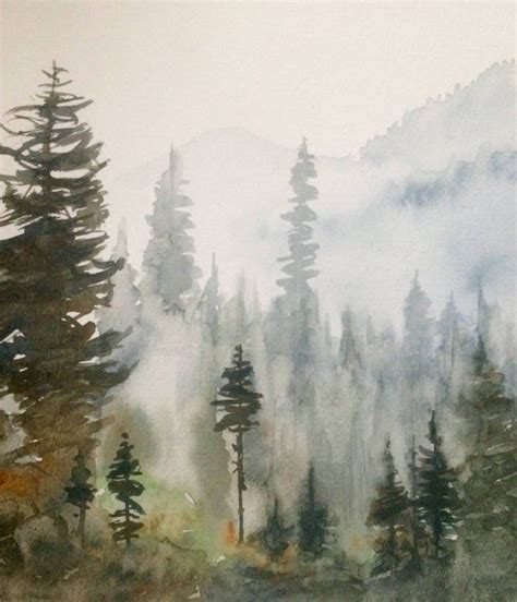 Pacific Northwest Misty Mountains Cascades Watercolor Trees Pine