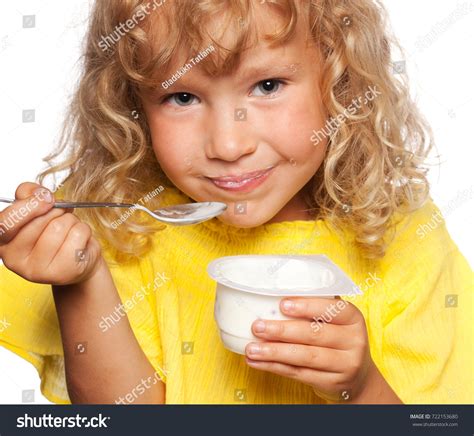 Little Girl Eating Yogurt Happy Child Stock Photo 722153680 Shutterstock