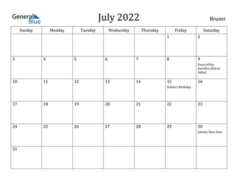 July 2022 Calendar With Brunei Holidays