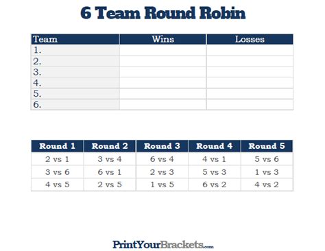 Printable 6 Team Round Robin Tournament Bracket Team Schedule League