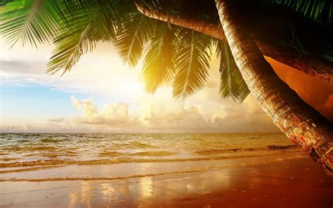 Wallpaper Sunlight Sunset Sea Sand Reflection Sky Clouds Beach