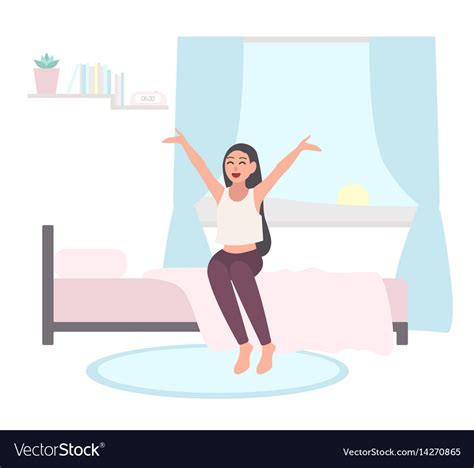 Wake Up Early Concept Happy Girl Get Out Bed Vector Image