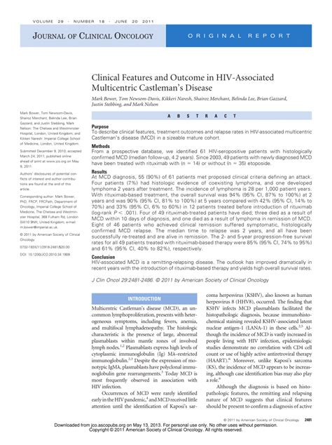 Pdf Clinical Features And Outcome In Hiv Associated Multicentric
