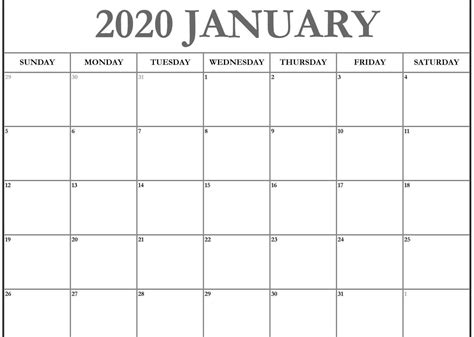 Free January 2020 Calendar Printable Template Pdf Word Excel In 2020