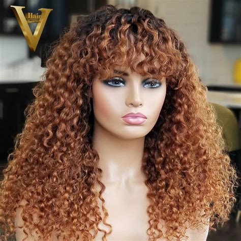 Honey Blonde Ombre Human Hair Wig Brazilian Remy Curly Wig With Bangs