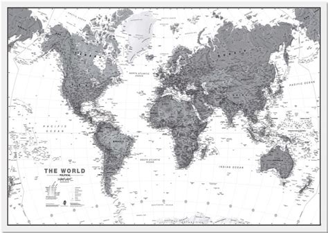 Large World Wall Map Political Black And White Pinboard