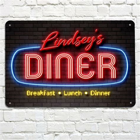 Personalised Diner Neon Light Effect Print Metal A4 Sign American 50