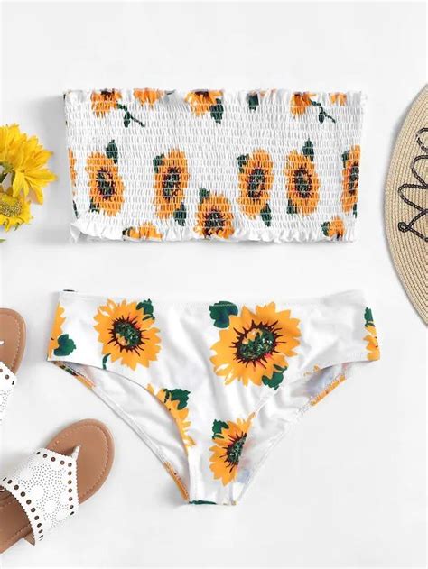 Plus Sunflower Print Shirred Bandeau Bikini Set In 2022 Bikinis