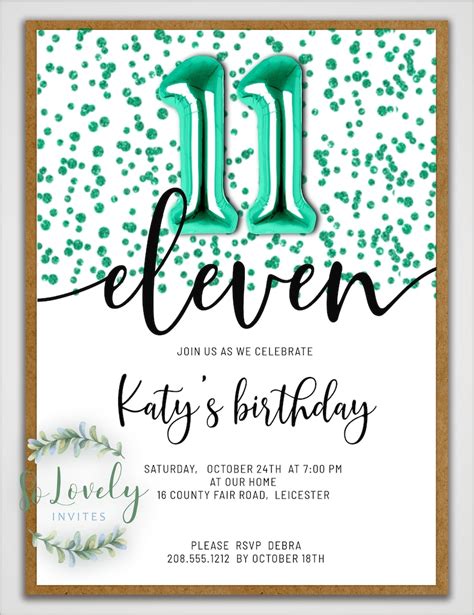 Metallic Turquoise Glitter 11th Birthday Invitation Editable Etsy
