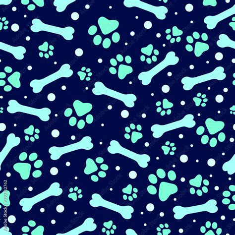 Seamless Pattern Paw Print And Bone Blue Background Vector