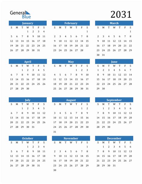 2031 Yearly Calendar