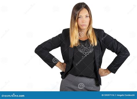 Woman Angry Aggressive Attitude On White Background Stock Photo