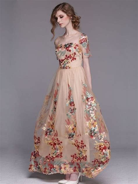 Short Sleeve Mesh Heavy Flower Embroidery Long Dress