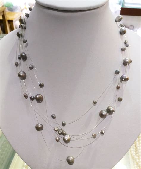 Women Jewelry 6 Rows Necklace Deep Gray Pearl Baroque Pearl Pendant
