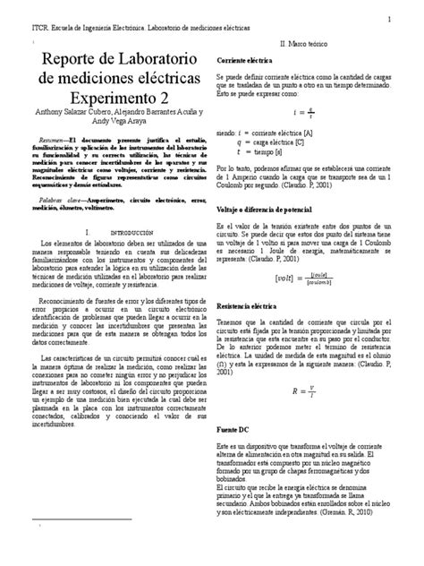 Reporte De Laboratorio De Mediciones Electricas Experimento 2 Grupo 6