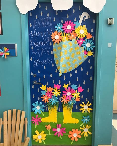 A Door Decorated With Flowers And Umbrellas For The Springtime Break