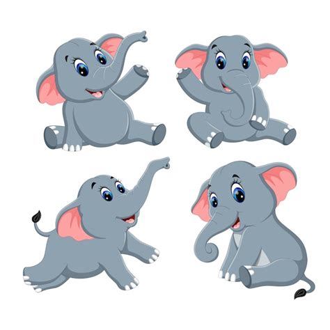 Establecer Colección De Dibujos Animados De Elefantes Vector Premium