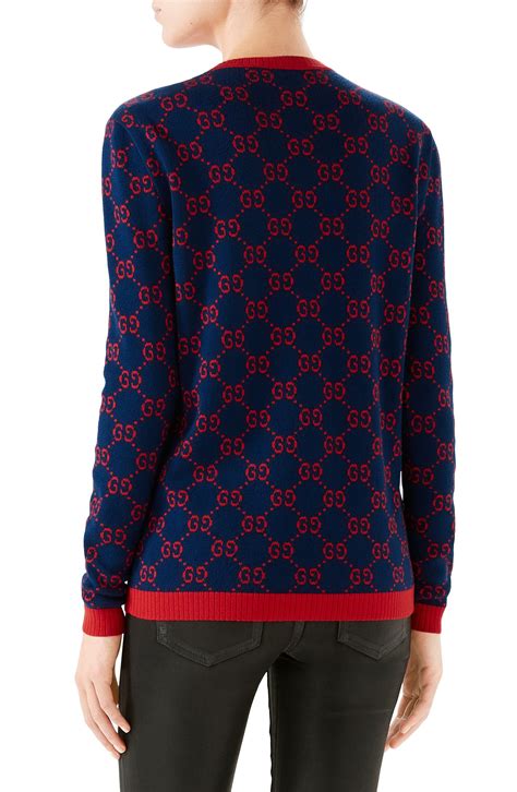 gucci cotton gg logo jacquard sweater in blue red blue lyst