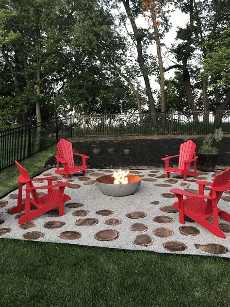 Our Firepit Red Adirondack Chairs Wood Rounds Repurposed Propane