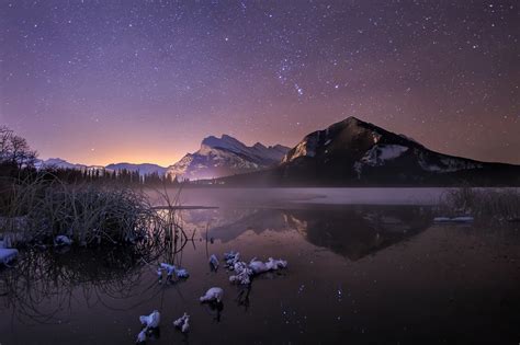 Landscape Nature Photography Lake Mountains Frost Snow Starry