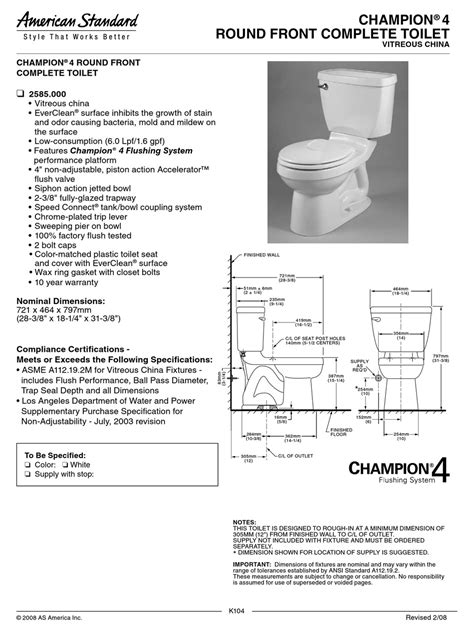 AMERICAN STANDARD CHAMPION ROUND FRONT COMPLETE TOILET SPECIFICATION SHEET Pdf