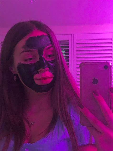 black face mask straight hair mirror mirror selfie led lights purple aesthetic teenage