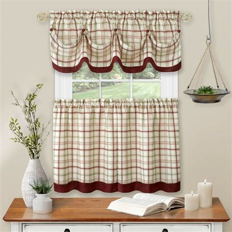Set With Attached Valance Tier And Swag Set Red Brown Kitchen Curtains