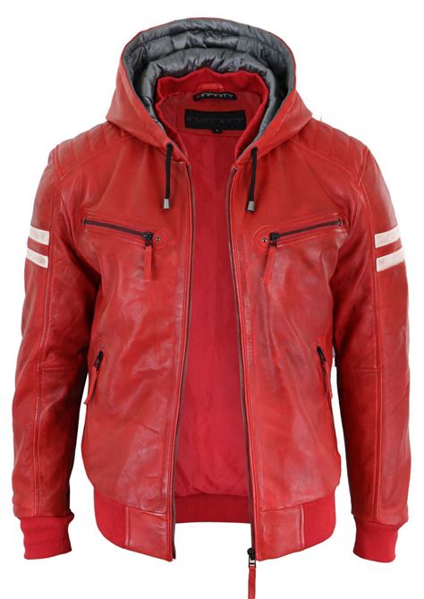 Men's Realy Leather Bomber Jacket with Hood-Red | Happy Gentleman