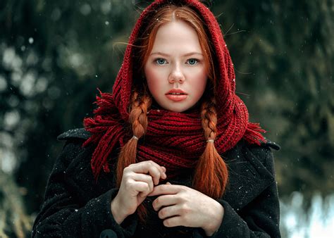Wallpaper Women Outdoors Redhead Model Looking At Viewer Scarf