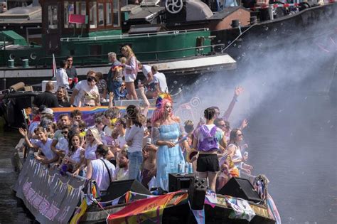 close up asv gay boat at the gaypride canal parade with boats at amsterdam the netherlands 6 8