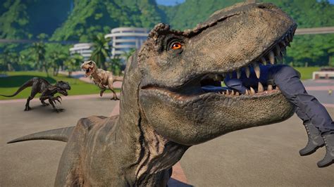 2 Max T Rex Vs 3 Indominus Rex 3 Indoraptor Breakout And Fight Jurassic World Evolution Youtube