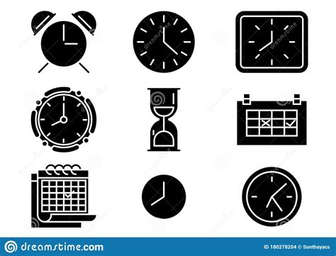 Solid Icons Set Clock Calendar Sand Clock Vector Illustrations