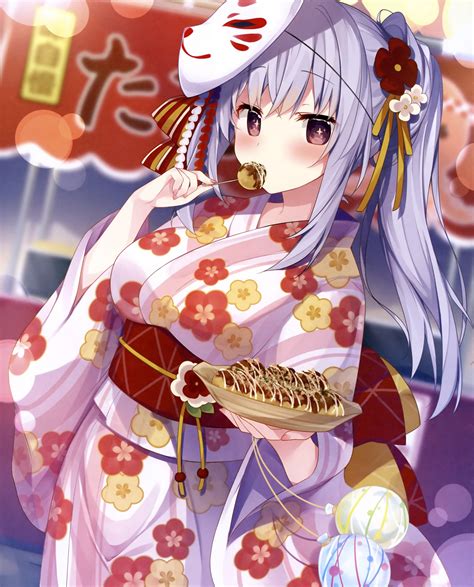 Download 2700x3348 Anime Festival Kimono Girl Mask Eating Snack