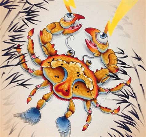 Orange New School Crab With Eyed Claws Shocking With Rays Tattoo Design Tattooimagesbiz