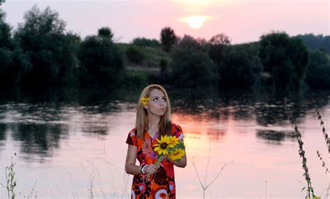 Free Images Water Girl Sunset Lake River Reflection Blonde Season Sunflower In The