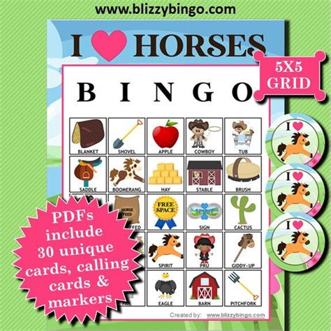 I Love Horses 5x5 Bingo Printable Pdfs Contain Everything You Etsy