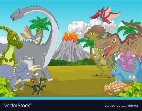 Cartoon Dinosaur Character With Volcano Royalty Free Vector