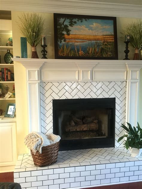 Herringbone Pattern Subway Tile Fireplace Hearth And Surround Update