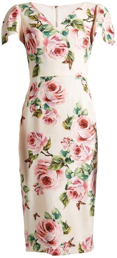 Dolce Gabbana Rose Print V Neck Stretch Cady Dress Printed Sheath