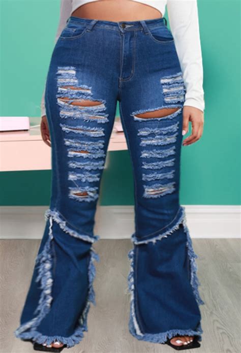 Wholesale Spring Sexy Plus Size Dark Blue High Waist Ripped Holes Fringe Flare Jeans Global Lover